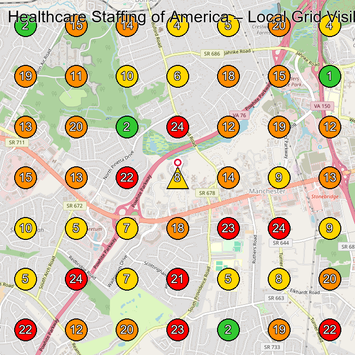 Healthcare Staffing of America Nursing Agency GeoGrid ranking map for North Chesterfield VA